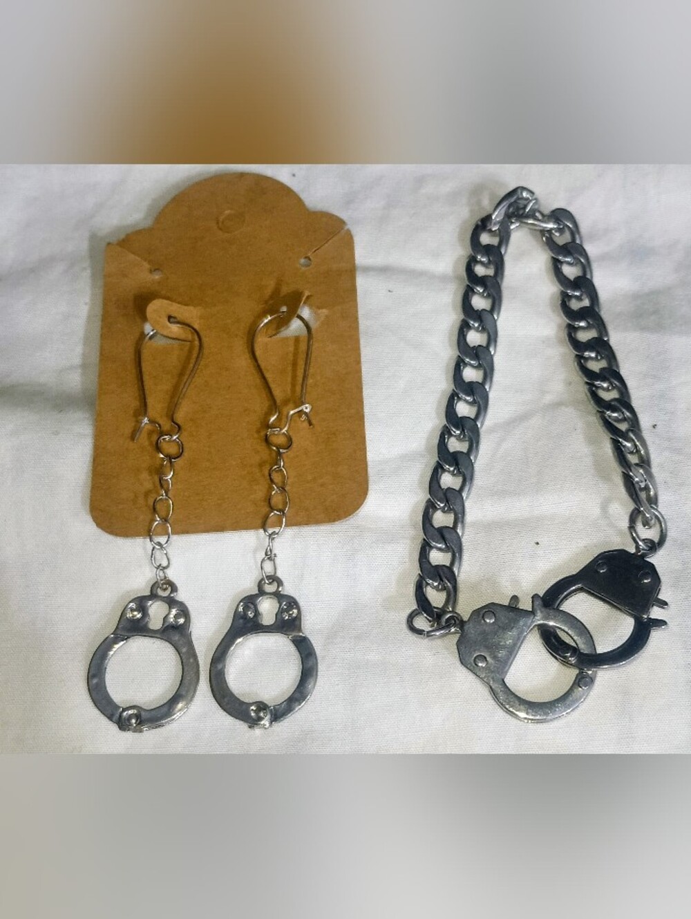 Handcuff Charm Bracelet and Dangle Earrings Set - Titanium